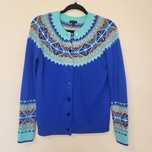 Talbots Womens Blue/Teal Fair Isle Lambswool Blend Cardigan Sweater Small Nordic